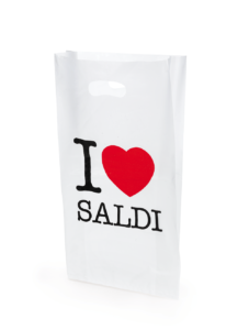 Sacchetti in plastica con manico a fagiolo e stampa "I love saldi" Busta plastica saldi