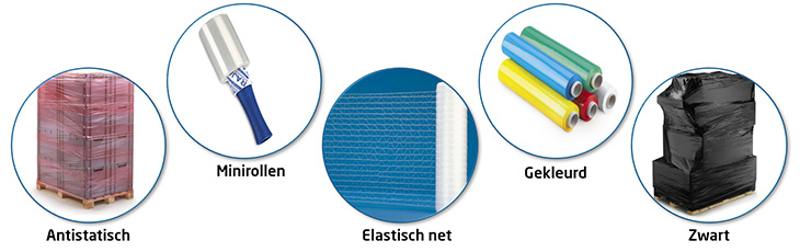 Wikkelfolie bestaat in verschillende soorten en kleuren. Bijvoorbeeld: minirollen, antistatische wikkelfolie, elastisch net, gekleurde wikkelfolie of zwart en doorzichtige wikkelfolie.