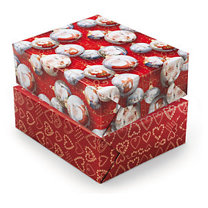 Julpapper på RAJA - Rött papper med vita julkulor eller guldiga hjärtan.