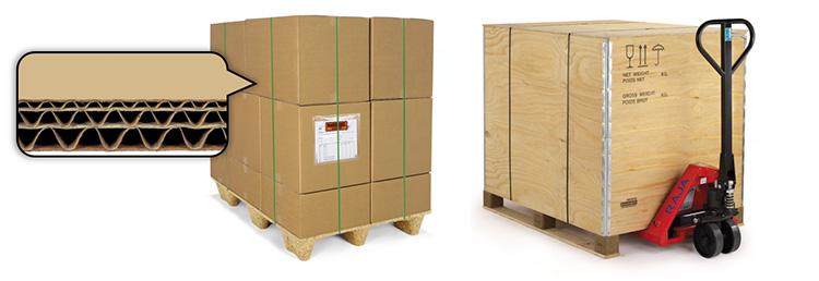 Exemples d'une caisse en carton triple cannelure et d'une caisse d'exportation en bois pour l'envoi de colis lourds et volumineux