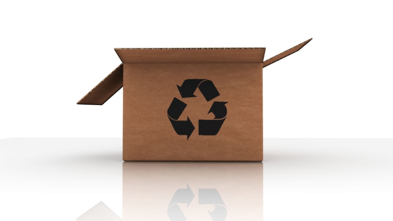 Caja de cartón con símbolo de reciclaje